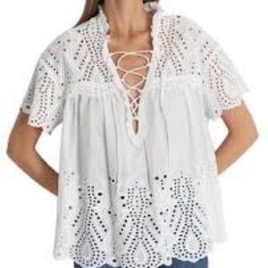 REISS Aubrey White Eyelet Tie Neck Lace Top